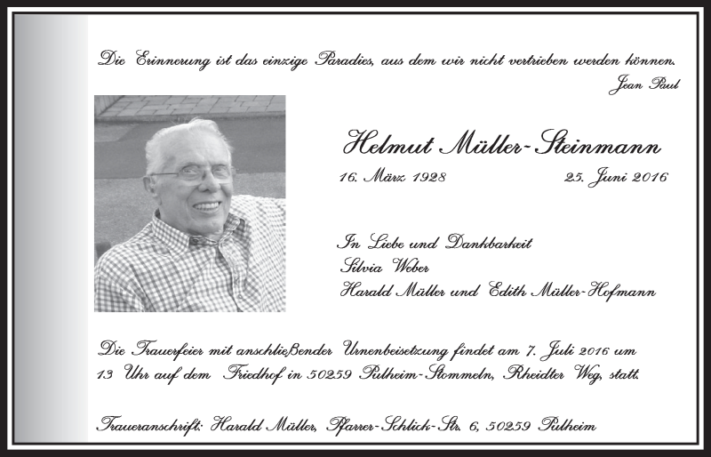  Traueranzeige für Hellmut Müller-Steinmann vom 02.07.2016 aus  Sonntags-Post 