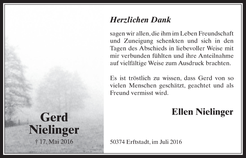  Traueranzeige für Gerd Nielinger vom 06.07.2016 aus  Werbepost 