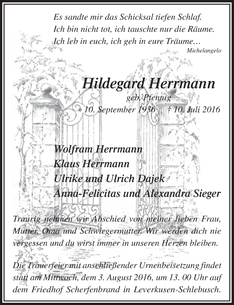 Traueranzeige für Hildegard Herrmann vom 30.07.2016 aus  Leverkusener Wochenende 