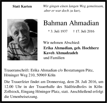 Anzeige von Bahman Ahmadian von Kölner Stadt-Anzeiger / Kölnische Rundschau / Express
