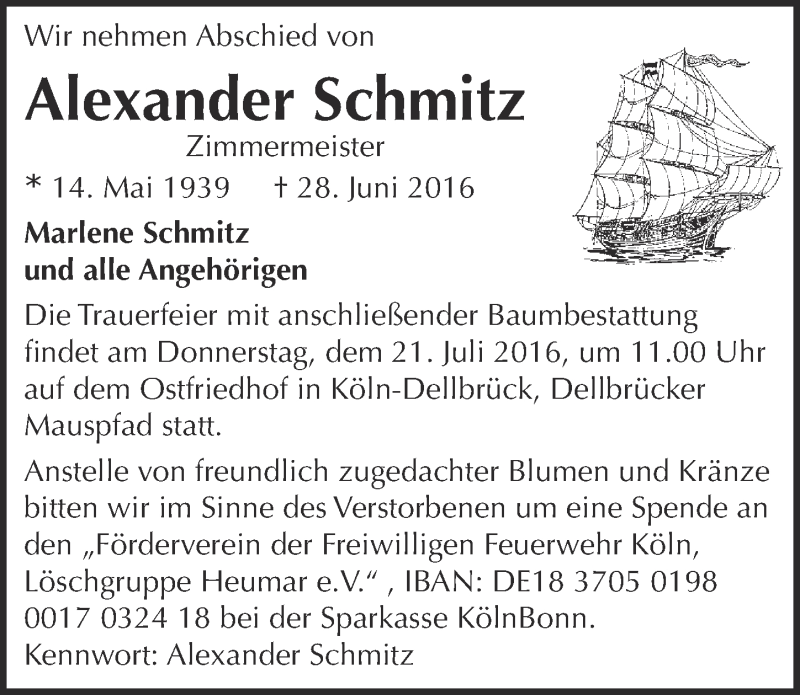  Traueranzeige für Alexander Schmitz vom 13.07.2016 aus  Kölner Wochenspiegel 