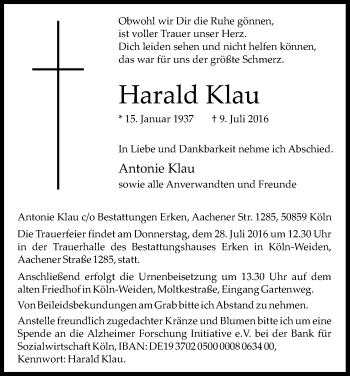 Anzeige von Harald Klau von Kölner Stadt-Anzeiger / Kölnische Rundschau / Express