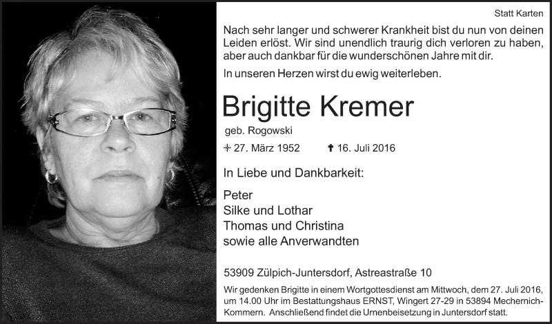  Traueranzeige für Brigitte Kremer vom 23.07.2016 aus  Blickpunkt Euskirchen 