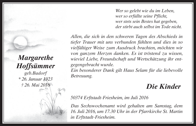  Traueranzeige für Margarethe Hoffsümmer vom 13.07.2016 aus  Werbepost 