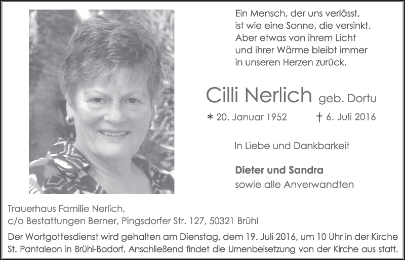  Traueranzeige für Cilli Nerlich vom 13.07.2016 aus  Schlossbote/Werbekurier 