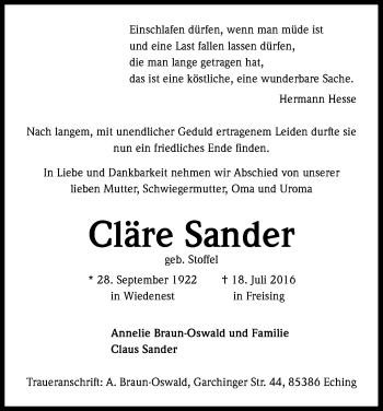 Anzeige von Cläre Sander von Kölner Stadt-Anzeiger / Kölnische Rundschau / Express