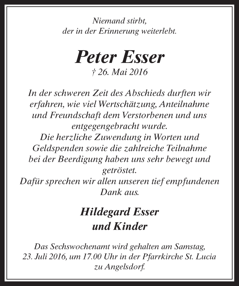  Traueranzeige für Peter Esser vom 20.07.2016 aus  Werbepost 