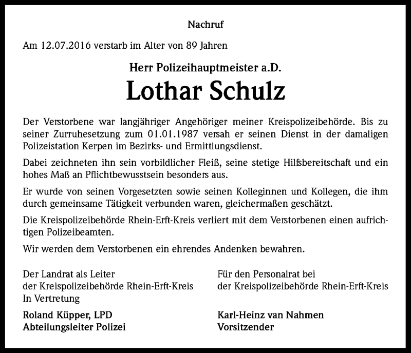  Traueranzeige für Lothar Schulz vom 27.07.2016 aus Kölner Stadt-Anzeiger / Kölnische Rundschau / Express