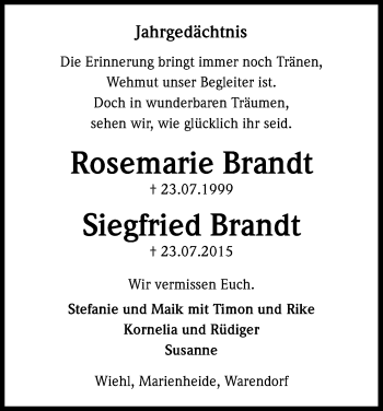Anzeige von Rosemarie Brandt von Kölner Stadt-Anzeiger / Kölnische Rundschau / Express