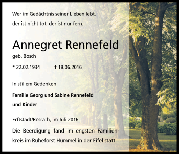 Anzeige von Annegret Rennefeld von Kölner Stadt-Anzeiger / Kölnische Rundschau / Express