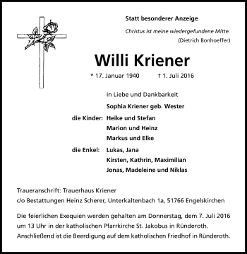 Anzeige von Willi Kriener von Kölner Stadt-Anzeiger / Kölnische Rundschau / Express