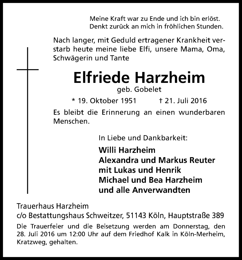  Traueranzeige für Elfriede Harzheim vom 23.07.2016 aus Kölner Stadt-Anzeiger / Kölnische Rundschau / Express