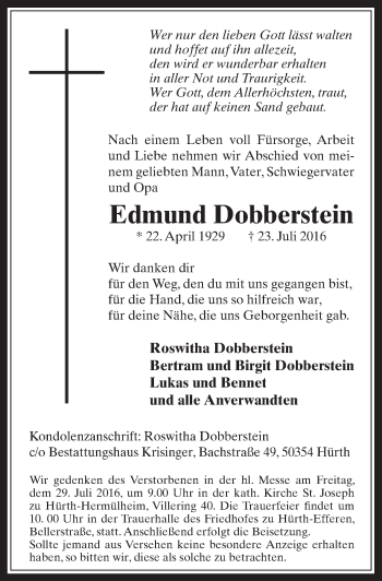 Anzeige von Edmund Dobberstein von  Wochenende 