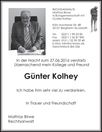 Anzeige von Günter Kolhey von  Sonntags-Post 
