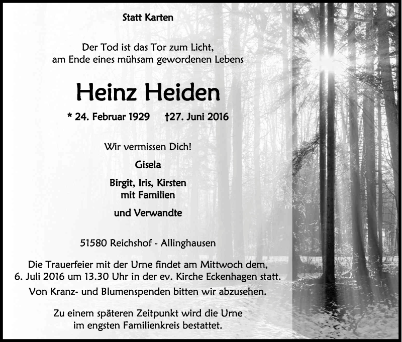  Traueranzeige für Heinz Heiden vom 02.07.2016 aus Kölner Stadt-Anzeiger / Kölnische Rundschau / Express