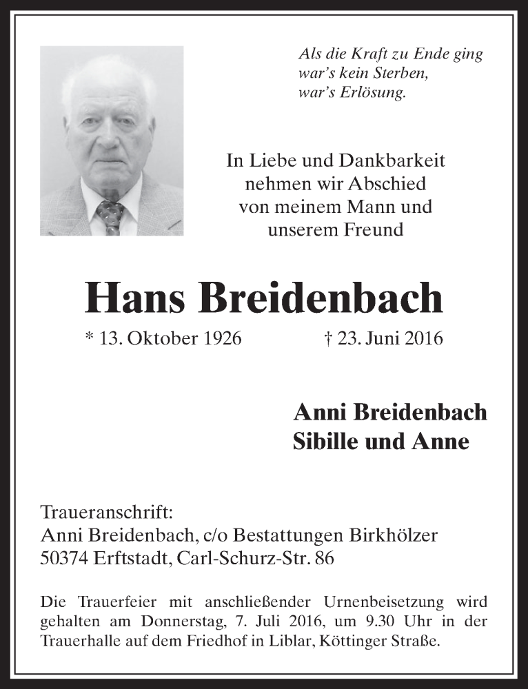  Traueranzeige für Hans Breidenbach vom 06.07.2016 aus  Werbepost 