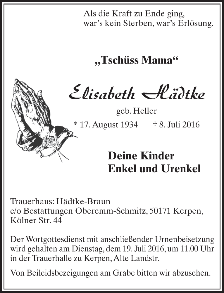  Traueranzeige für Elisabeth Hädtke vom 16.07.2016 aus  Sonntags-Post 