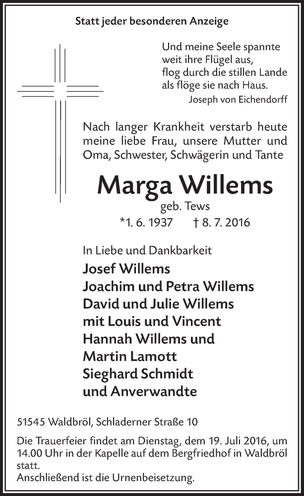  Traueranzeige für Marga Willems vom 13.07.2016 aus  Lokalanzeiger 