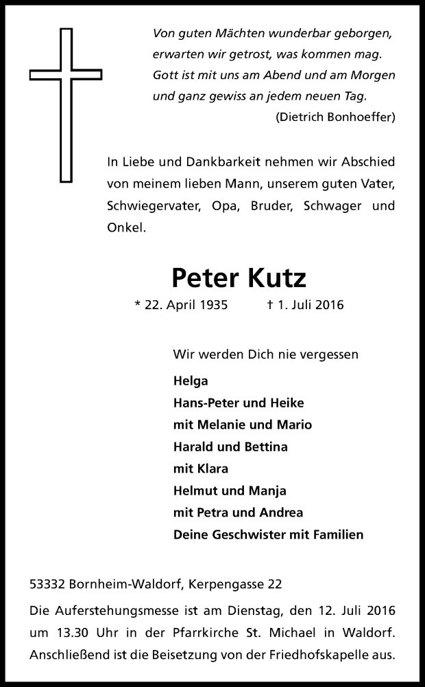  Traueranzeige für Peter Kutz vom 06.07.2016 aus Kölner Stadt-Anzeiger / Kölnische Rundschau / Express