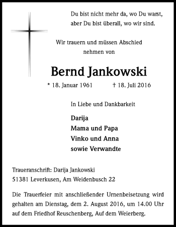 Anzeige von Bernd Jankowski von Kölner Stadt-Anzeiger / Kölnische Rundschau / Express
