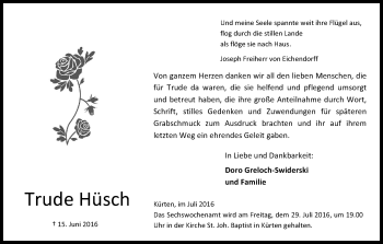 Anzeige von Trude Hüsch von Kölner Stadt-Anzeiger / Kölnische Rundschau / Express