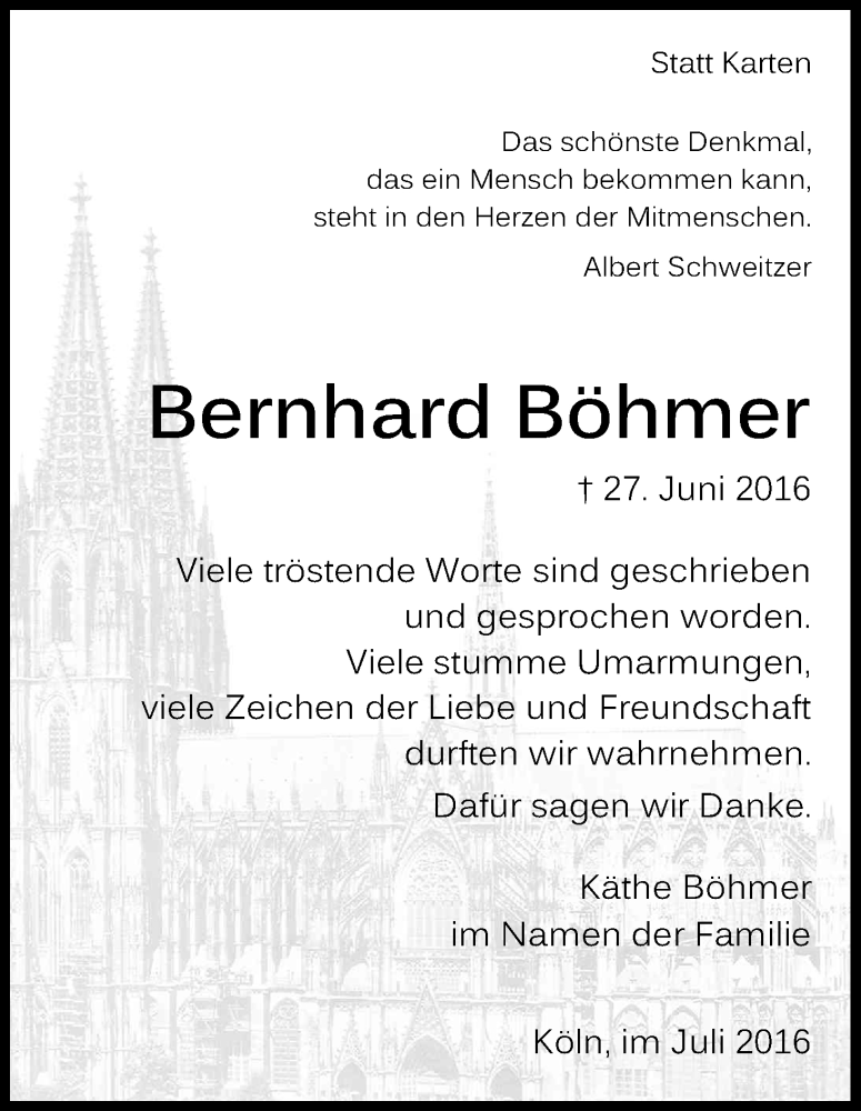  Traueranzeige für Bernhard Böhmer vom 30.07.2016 aus Kölner Stadt-Anzeiger / Kölnische Rundschau / Express