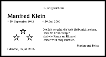 Anzeige von Manfred Klein von Kölner Stadt-Anzeiger / Kölnische Rundschau / Express