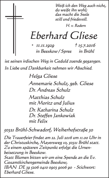 Anzeige von Eberhard Gliese von  Schlossbote/Werbekurier 