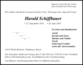 Anzeige von Harald Schiffbauer von Kölner Stadt-Anzeiger / Kölnische Rundschau / Express