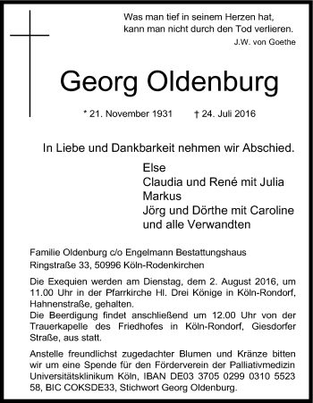 Anzeige von Georg Oldenburg von Kölner Stadt-Anzeiger / Kölnische Rundschau / Express