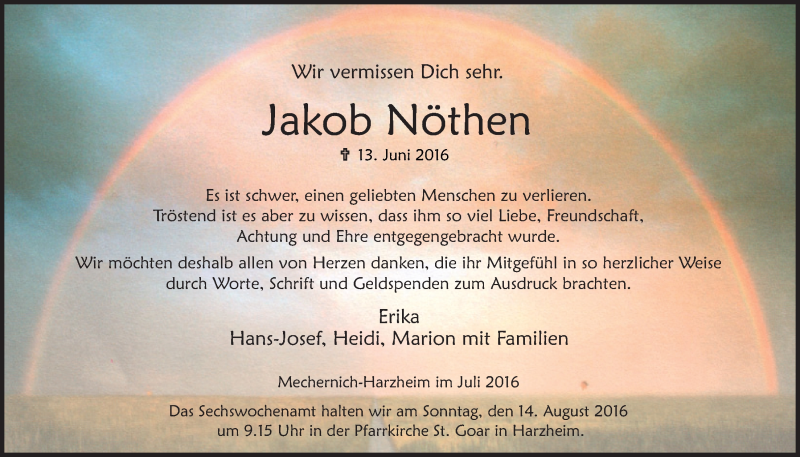  Traueranzeige für Jakob Nöthen vom 30.07.2016 aus  Blickpunkt Euskirchen 