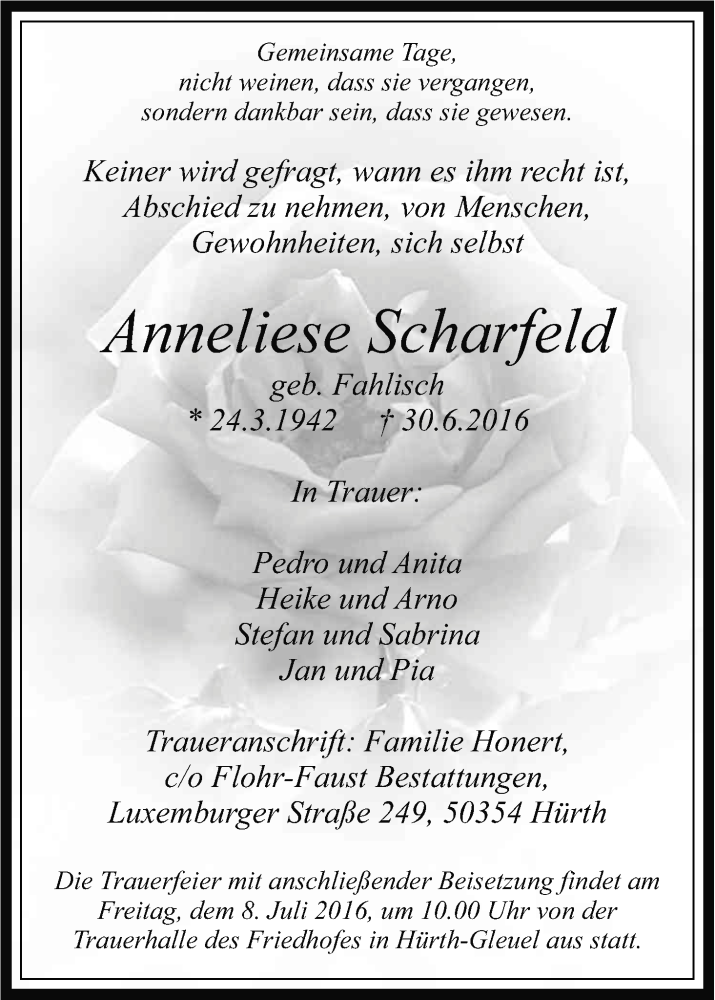  Traueranzeige für Anneliese Scharfeld vom 06.07.2016 aus Kölner Stadt-Anzeiger / Kölnische Rundschau / Express