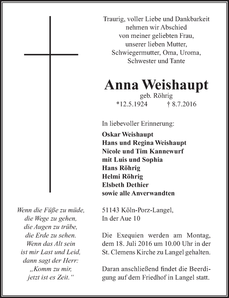  Traueranzeige für Anna Weishaupt vom 16.07.2016 aus 