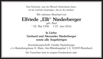 Anzeige von Elfriede Niederberger von  Schaufenster/Blickpunkt 