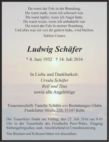 Anzeige von Ludwig Schäfer von  Kölner Wochenspiegel 