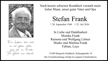 Anzeige von Stefan Frank von Kölner Stadt-Anzeiger / Kölnische Rundschau / Express