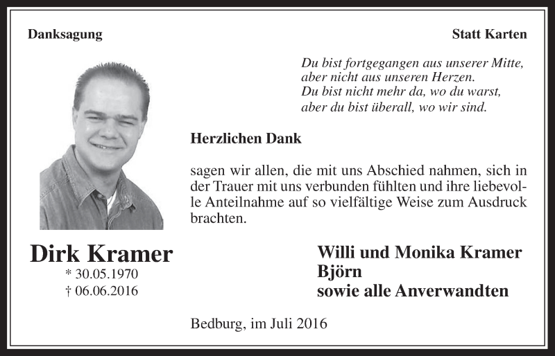  Traueranzeige für Dirk Kramer vom 06.07.2016 aus  Werbepost 
