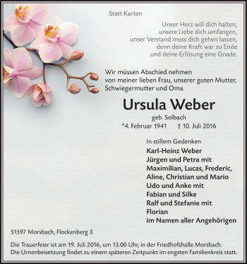 Anzeige von Ursula Weber von  Lokalanzeiger 