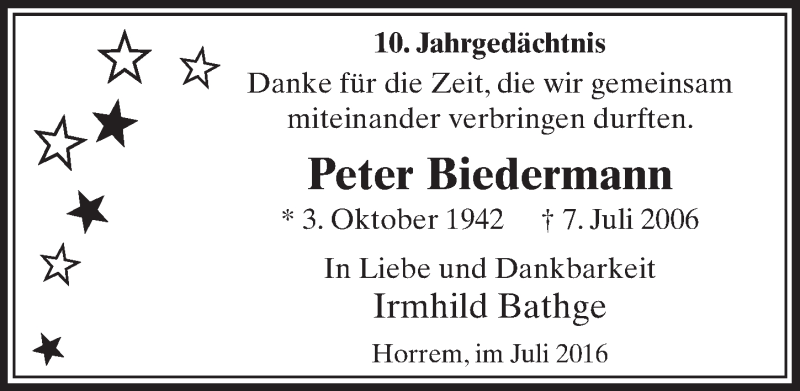  Traueranzeige für Peter Biedermann vom 02.07.2016 aus  Sonntags-Post 