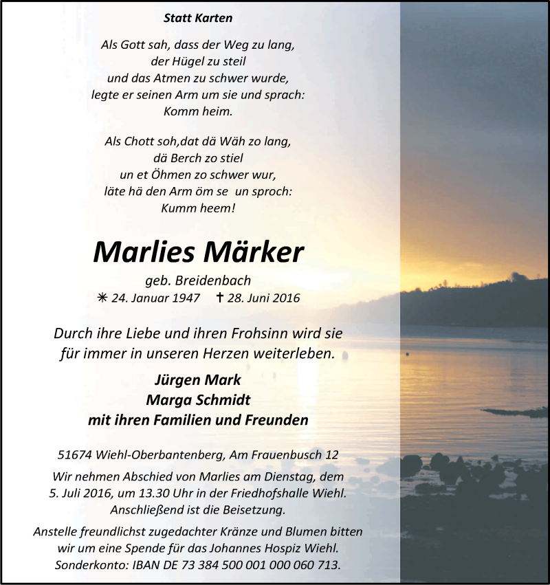  Traueranzeige für Marlies Märker vom 04.07.2016 aus Kölner Stadt-Anzeiger / Kölnische Rundschau / Express