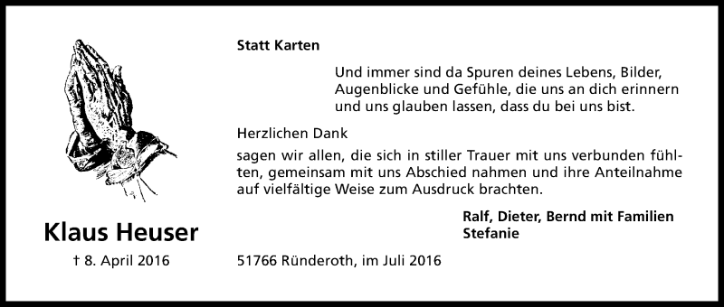  Traueranzeige für Klaus Heuser vom 02.07.2016 aus Kölner Stadt-Anzeiger / Kölnische Rundschau / Express