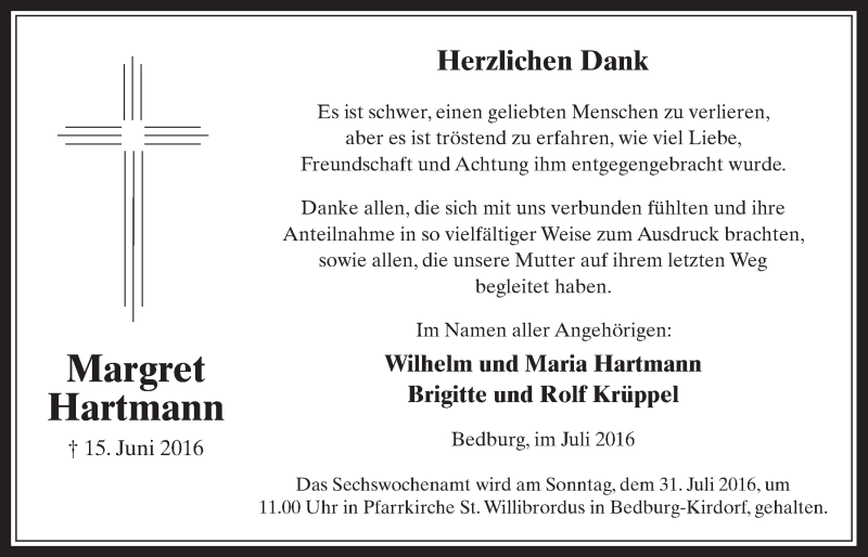  Traueranzeige für Margret Hartmann vom 27.07.2016 aus  Werbepost 
