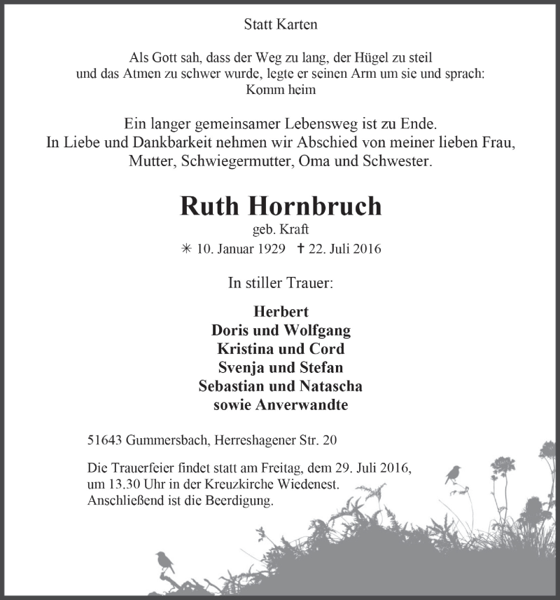  Traueranzeige für Ruth Hornbruch vom 27.07.2016 aus  Anzeigen Echo 