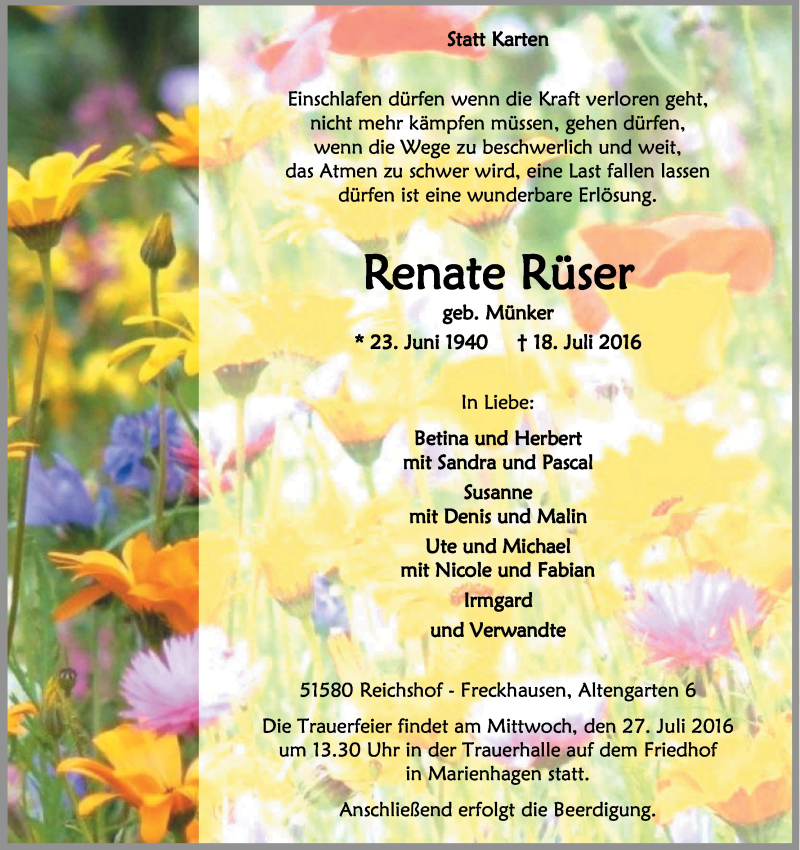  Traueranzeige für Renate Rüser vom 23.07.2016 aus Kölner Stadt-Anzeiger / Kölnische Rundschau / Express