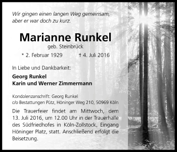 Anzeige von Marianne Runkel von Kölner Stadt-Anzeiger / Kölnische Rundschau / Express