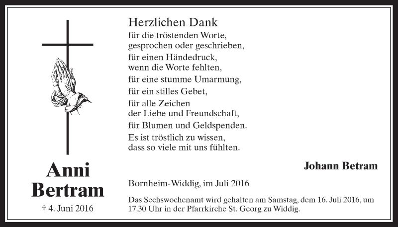  Traueranzeige für Anni Bertram vom 06.07.2016 aus  Schlossbote/Werbekurier 