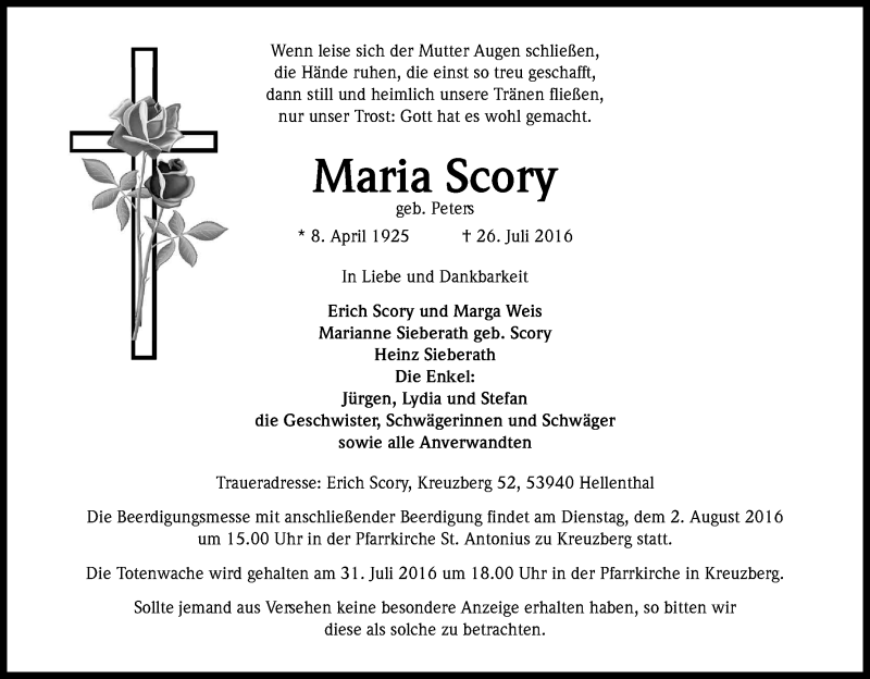  Traueranzeige für Maria Scory vom 30.07.2016 aus Kölner Stadt-Anzeiger / Kölnische Rundschau / Express