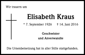 Anzeige von Elisabeth Kraus von Kölner Stadt-Anzeiger / Kölnische Rundschau / Express