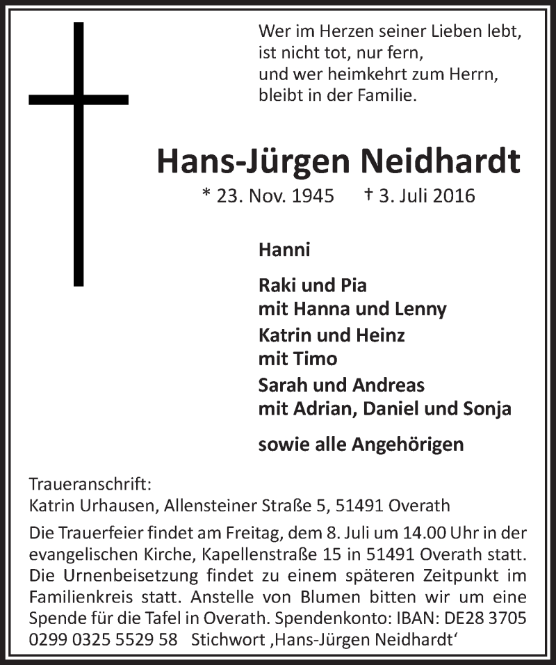  Traueranzeige für Hans-Jürgen Neidhardt vom 06.07.2016 aus  Bergisches Handelsblatt 