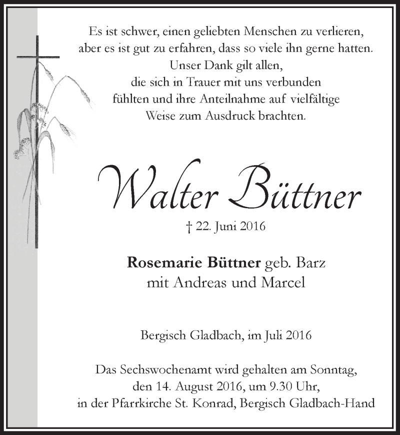  Traueranzeige für Walter Büttner vom 27.07.2016 aus  Bergisches Handelsblatt 
